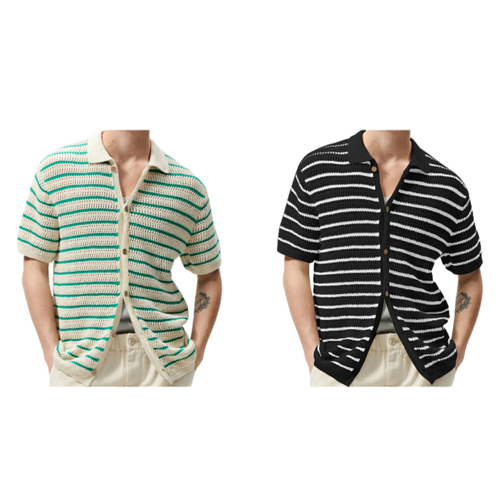 Two people showcase retro knit polo cardigans with collars and buttons—one cream with green stripes, the other black with white stripes—both styled streetwear-ready with light-colored pants for a fresh, modern look.