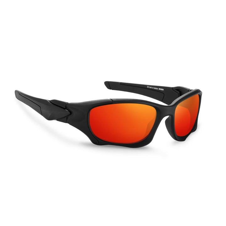 A pair of black sports sunglasses with thick frames and bright orange-red mirrored lenses, featuring interchangeable lenses, displayed on a white background.