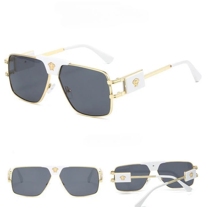 Three views of bold sunglasses with premium metal gold frames, white arms, dark rectangular lenses, and a decorative gold emblem on the side near the hinges. Enjoy both style and UV400 protection.