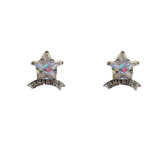 A pair of silver statement earrings shaped like five-pointed stars with iridescent centers, each featuring a curved banner below that reads SHERIFF in black letters. The earrings are displayed on a white background.