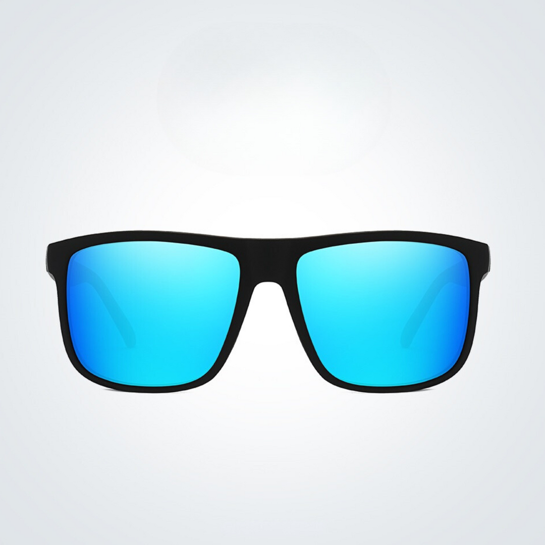 Black-framed, stylish sunglasses with blue mirrored lenses are centered against a simple, light gray background. These lightweight sunglasses offer both comfort and UV400 protection for your eyes.