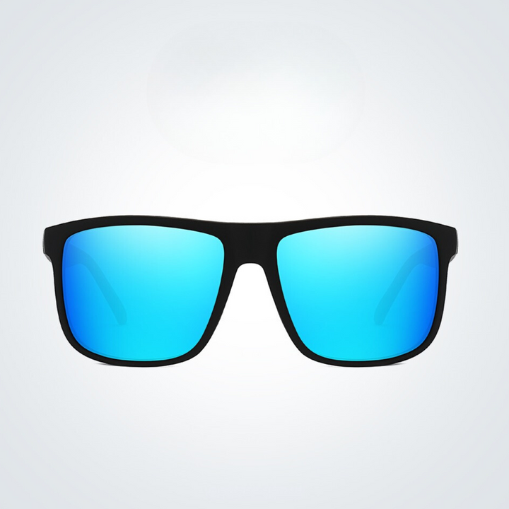 Black-framed, stylish sunglasses with blue mirrored lenses are centered against a simple, light gray background. These lightweight sunglasses offer both comfort and UV400 protection for your eyes.