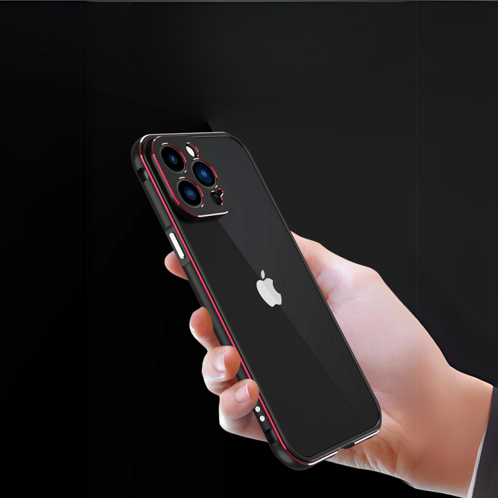 A hand holding a black smartphone with a shiny Apple logo, triple rear cameras, and a red-trimmed durable phone case offering drop protection, against a dark background.