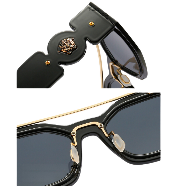 Close-up views of black sunglasses with gold accents, featuring a decorative emblem on the temple and adjustable nose pads on the bridge. These sunglasses offer UV400 protection and scratch-resistant lenses, set against a white background.
