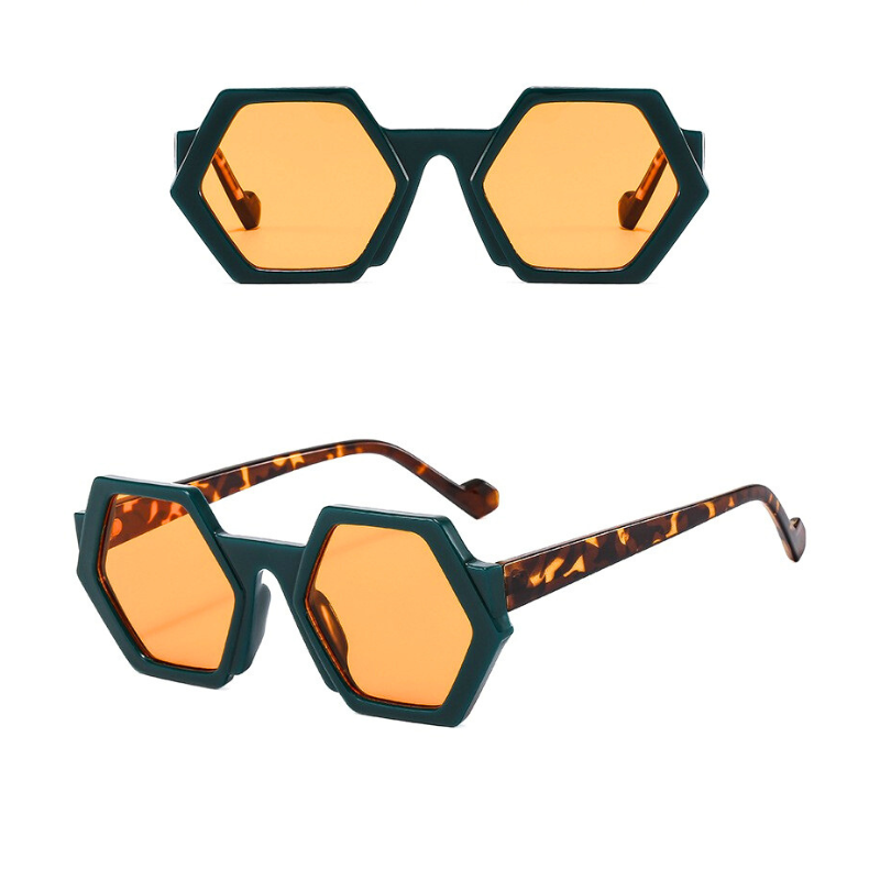 Two views of trend-forward hexagon-shaped sunglasses with orange lenses, green frames, and tortoiseshell-patterned arms. The first view is front-facing; the second is angled to show the side design. Features UV400 protection.