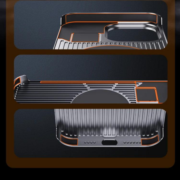 Three close-up views of a modern, metallic kitchen sink with an integrated draining board, grooves, and orange accent lines—reminiscent of the sleek detailing found on a luxury phone case highlighting both style and function.