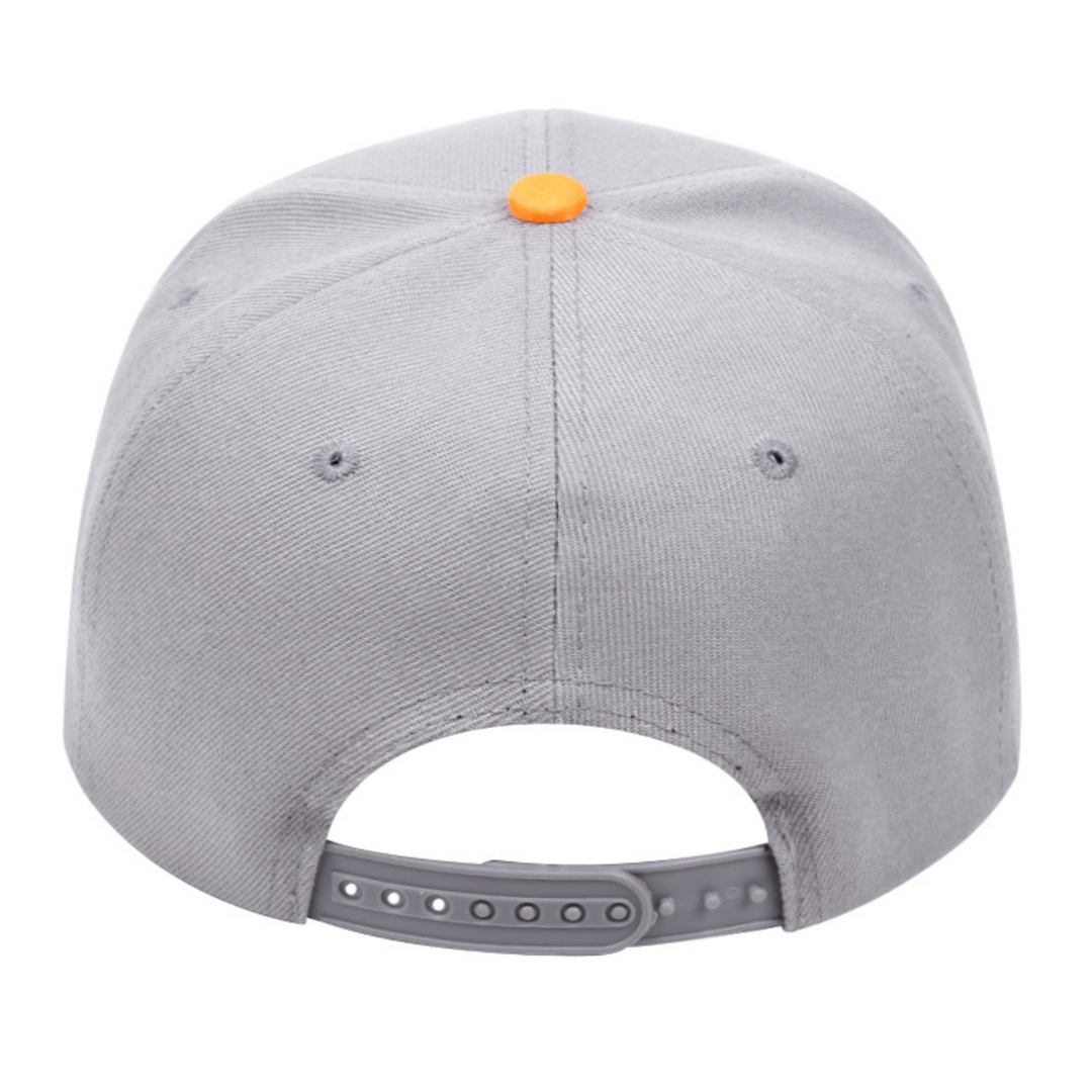 A gray baseball cap viewed from the back, featuring an adjustable snap closure and an orange button on top—this statement piece adds flair to any outfit.