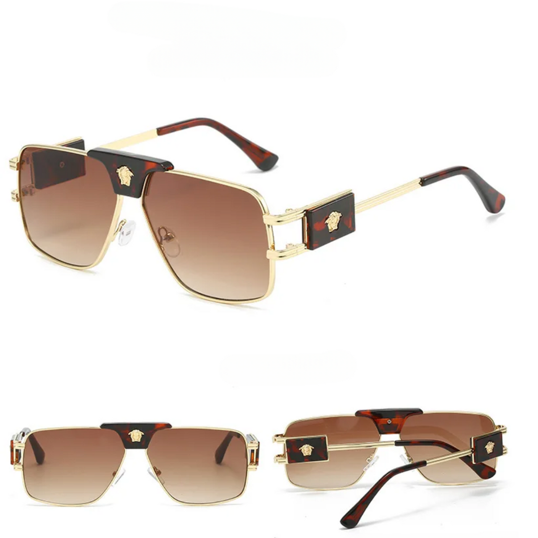 Bold sunglasses with premium metal frames in a rectangular shape, gold accents, and brown gradient lenses. Black temples showcase a gold Medusa emblem. Three angles display the striking design and UV400 protection clearly.
