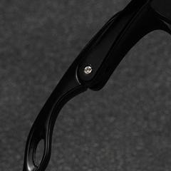 Close-up of a black plastic cycling sunglasses arm with a screw hinge, set against a dark, textured background.