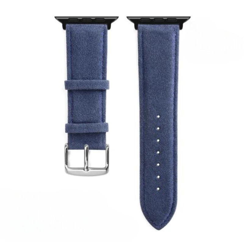 Two blue Alcantara suede watch bands for a smartwatch are shown side by side. One features a precision fit with a stainless steel buckle and two loops, while the other band has multiple adjustment holes.
