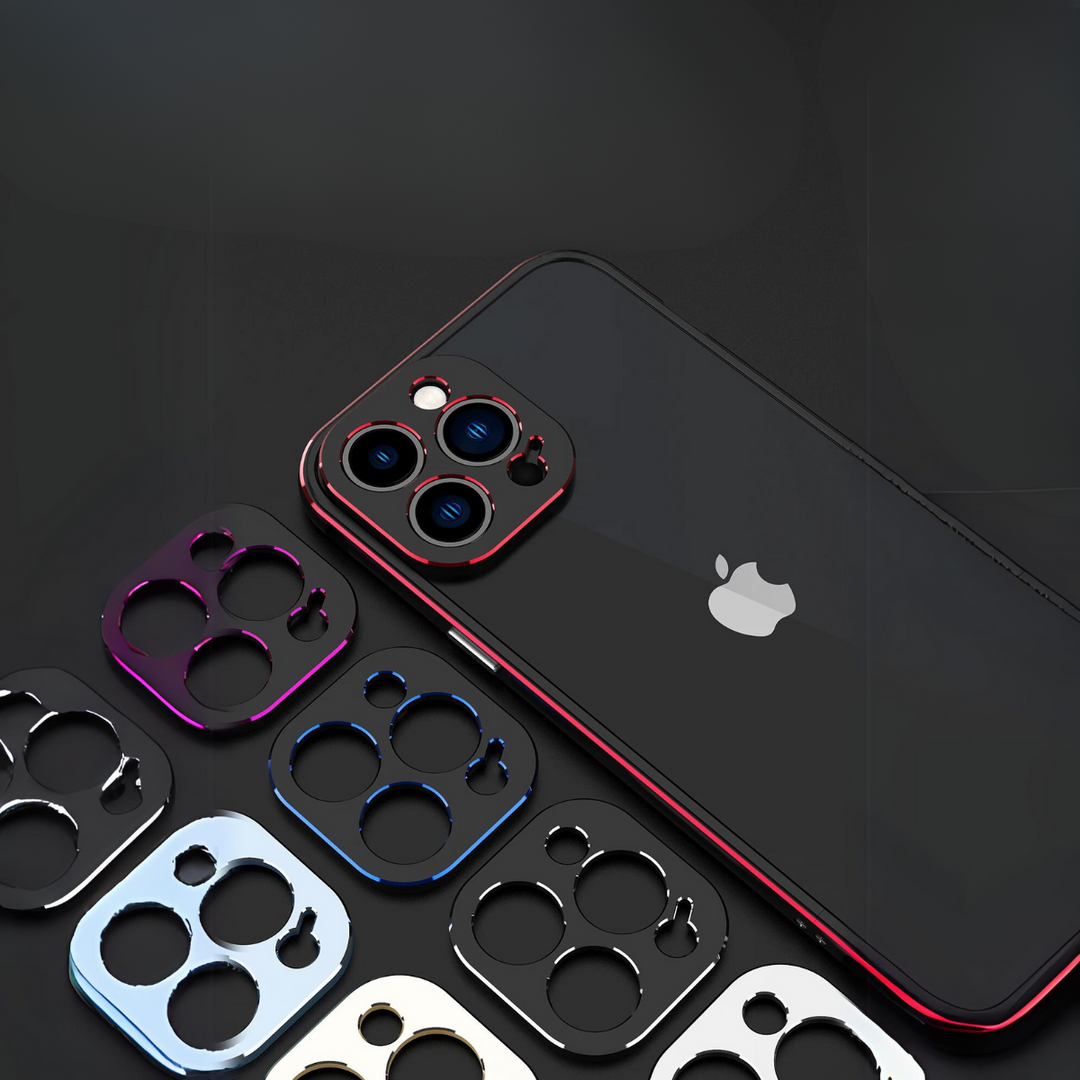 A black smartphone with a red-trimmed camera module rests on a dark surface, surrounded by various metallic lens protectors and a durable phone case offering enhanced drop protection.