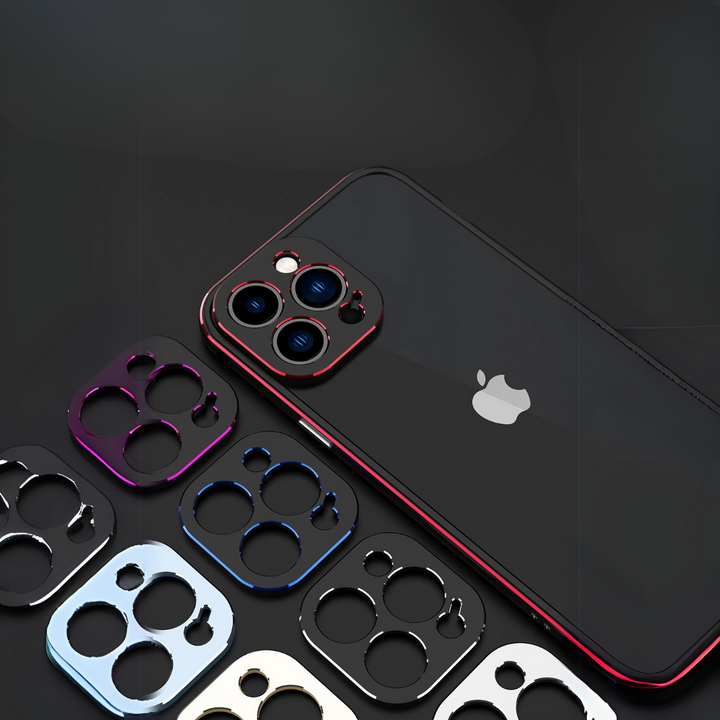 A black smartphone with a red-trimmed camera module rests on a dark surface, surrounded by various metallic lens protectors and a durable phone case offering enhanced drop protection.