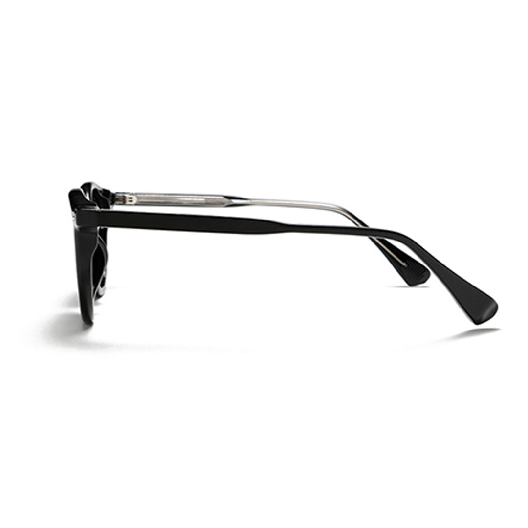 Side view of black rectangular eyeglass frames with straight arms and a slight curve at the ends, displayed on a white background—perfect for those seeking fashionable eyewear that combines style and comfort.