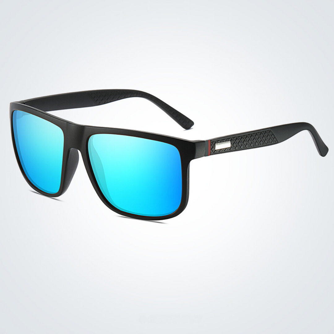 Black rectangular UV400 sunglasses with reflective blue lenses, a textured pattern on the arms, and a small metallic accent near the hinge, displayed on a light gray background.