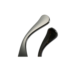 Two sleek, curved metal objects with smooth, reflective surfaces—resembling the arms of sunglasses with scratch-resistant lenses—one silver and one dark gray, set against a plain white background.