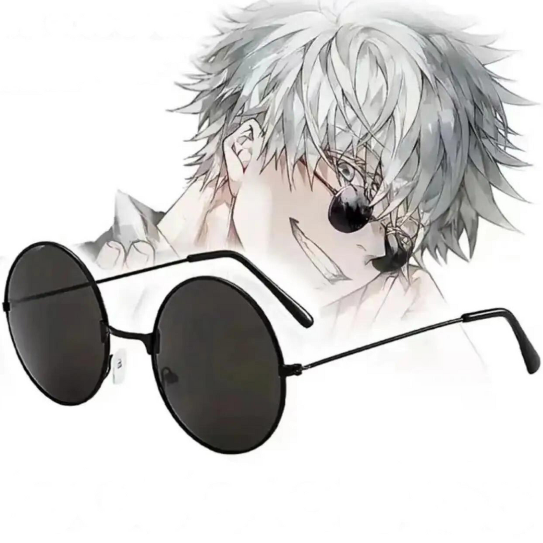 Round black minimalist sunglasses are shown in front of an anime-style character with spiky silver hair, wearing similar round sunglasses with UV400 protection and smiling mischievously. The background is white and minimalistic.