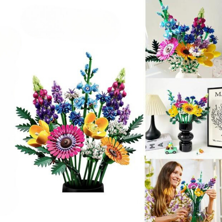 Four images showcasing a colorful LEGO Wildflower Bouquet with vibrant floral designs in a black vase, displayed alone, on a table, and being assembled from building blocks by a smiling woman.
