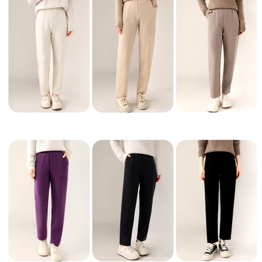 Six pairs of women’s straight-leg pants, featuring a slim tailored leg in white, beige, taupe, purple, navy blue, and black, are modeled with casual tops and white sneakers against a plain background.