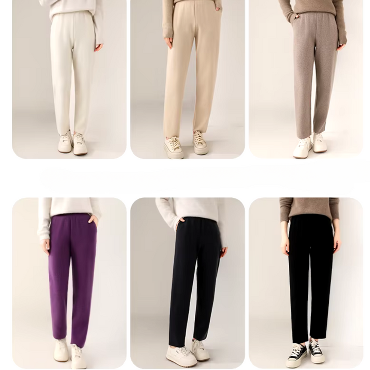 Six pairs of women’s straight-leg pants, featuring a slim tailored leg in white, beige, taupe, purple, navy blue, and black, are modeled with casual tops and white sneakers against a plain background.