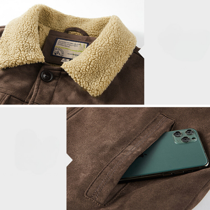 A close-up of a brown jacket with a beige sherpa collar and cozy Sherpa lining, showing a label inside the collar and a green smartphone partially tucked into one of the multiple secure pockets.