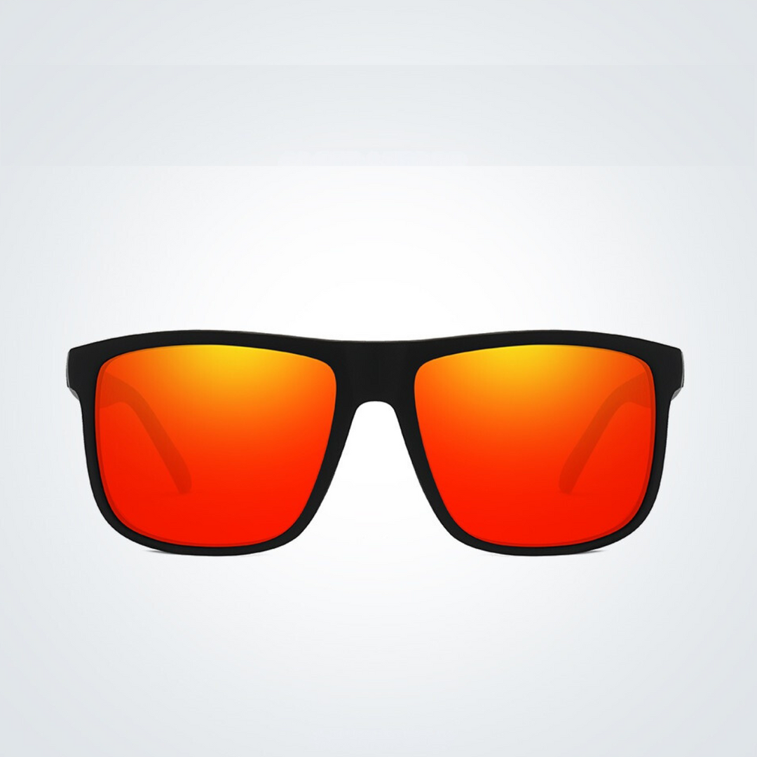A pair of stylish black-framed sunglasses with vibrant orange-red mirrored lenses and UV400 protection, displayed against a light gray background.