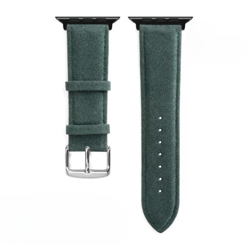 Green Alcantara watch strap with a stainless steel buckle, shown in two parts: one with the buckle and loops, the other with adjustment holes. Both feature black connectors at the top for a precision fit.