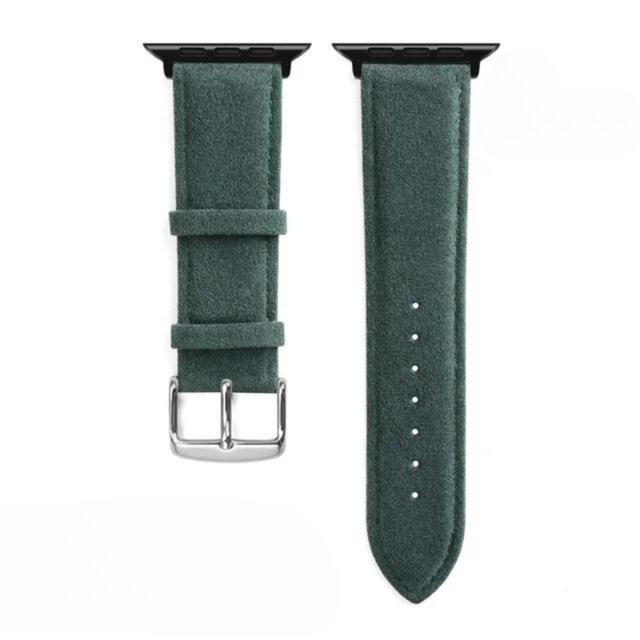 Green Alcantara watch strap with a stainless steel buckle, shown in two parts: one with the buckle and loops, the other with adjustment holes. Both feature black connectors at the top for a precision fit.