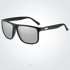 A pair of black rectangular UV400 sunglasses with dark lenses and textured detailing on the temples, set against a light gray background.