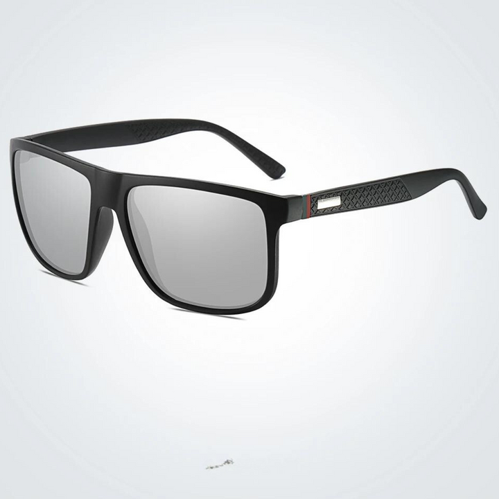 A pair of black rectangular UV400 sunglasses with dark lenses and textured detailing on the temples, set against a light gray background.