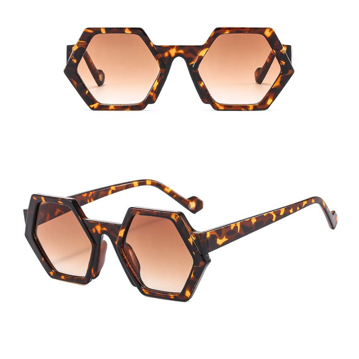 Two views of hexagonal tortoiseshell sunglasses with brown gradient lenses and UV400 protection: one showing the front, and one highlighting the side and arm design for a trend-forward look.