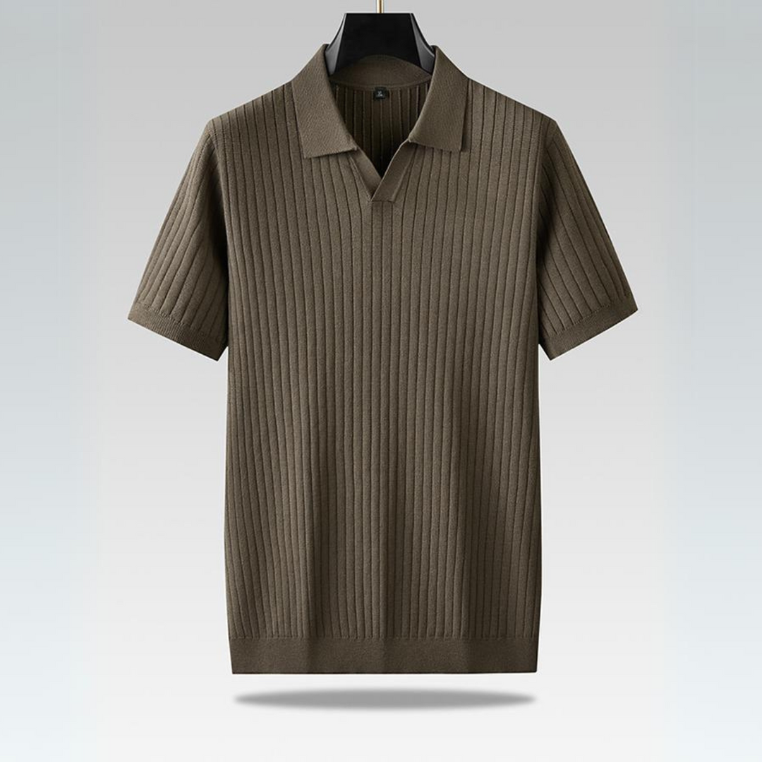 A short-sleeved, olive-green ribbed knit polo shirt with a vertical pattern, perfect for the urban professional, hanging on a black hanger against a light gradient background.