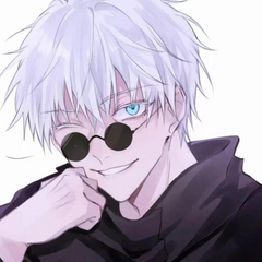 Anime-style character with messy white hair, bright blue eyes, and round sunglasses offering UV400 protection, smirking with one hand near their face. The character wears a high-collared dark shirt against a light background.