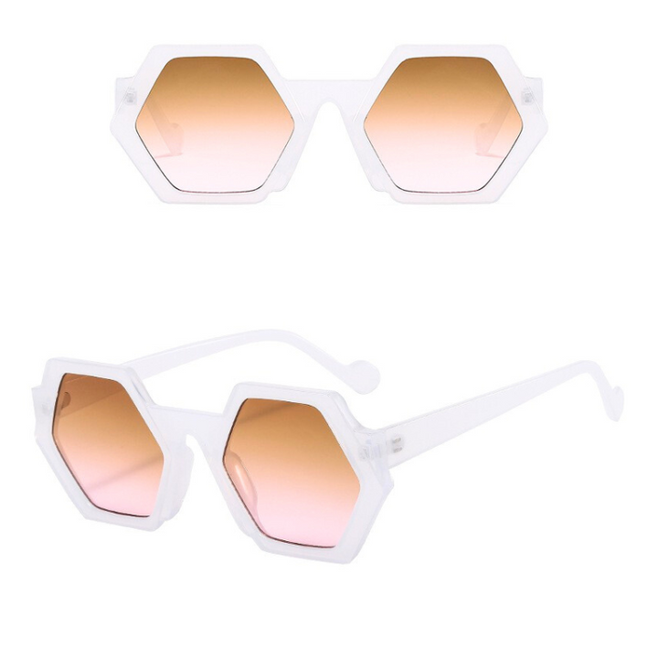 Two views of trend-forward hexagonal frame sunglasses with translucent white frames and pink gradient lenses, shown from the front and at a three-quarter angle on a white background. UV400 protection keeps your eyes safe in style.