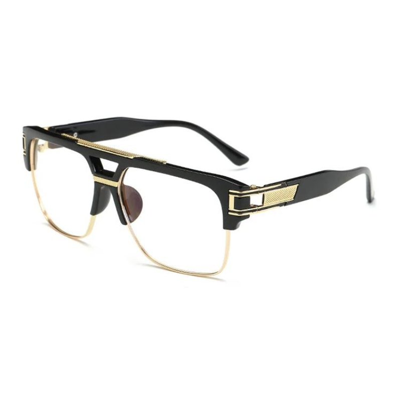 A pair of stylish eyeglasses with black frames, gold detailing on the bridge and temples, and scratch-resistant lenses. The design features a double bridge and rectangular shape for a modern touch.
