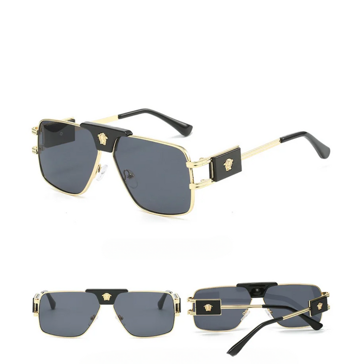 Three views of bold sunglasses with premium metal frames, black accents on the temples, and gray UV400 protection lenses. The temples feature a gold Medusa head emblem on black plaques for a striking, modern look.