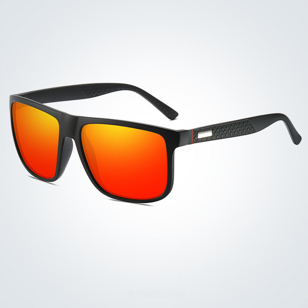 Stylish black sunglasses with wide arms and reflective orange-red lenses, offering UV400 protection. Displayed against a light gray background.