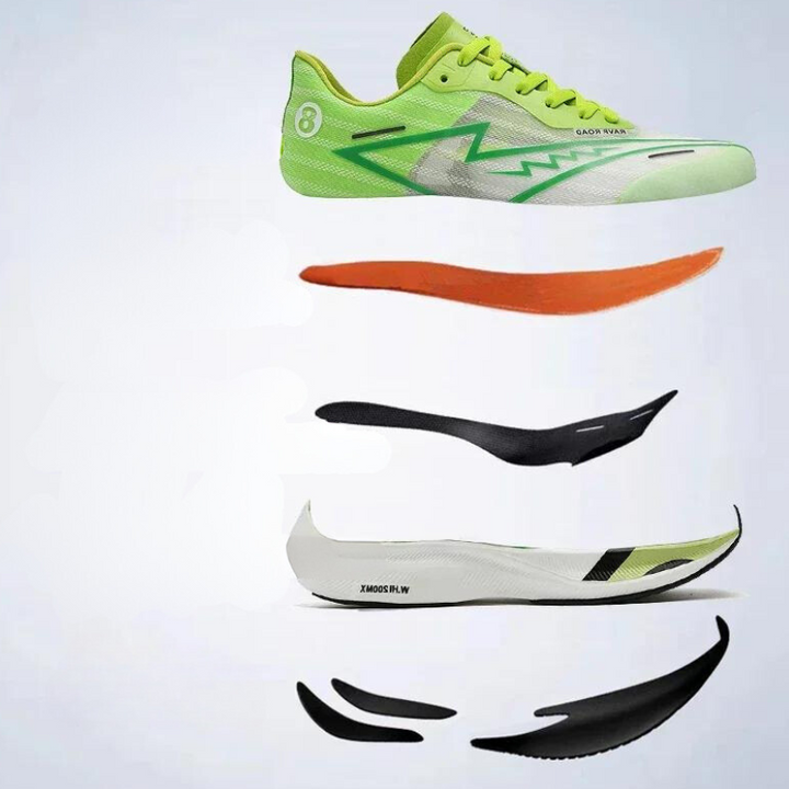 Exploded view of a green running shoe showing its separate components, including the upper, super foam rebound midsole, shock-absorbing sole, outsole, and internal structural parts, all laid out in layers against a light background.