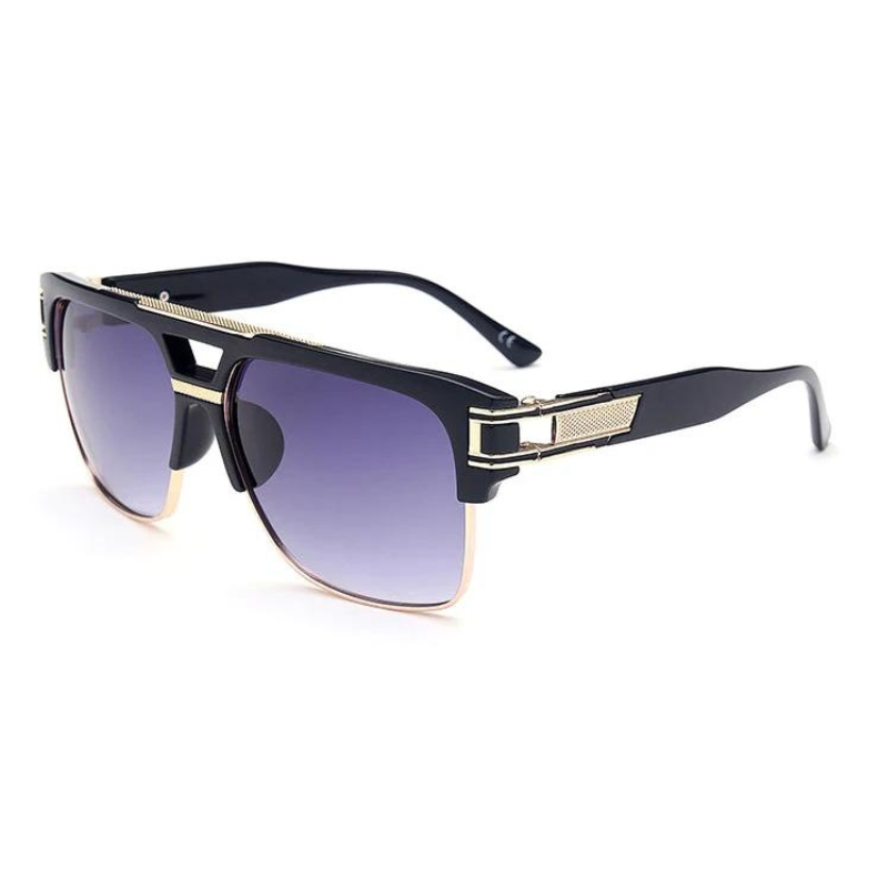 Black and gold geometric sunglasses with square lenses that fade from dark purple to clear. Features metallic gold accents, a double bridge design, UV400 protection, and scratch-resistant lenses for stylish durability.