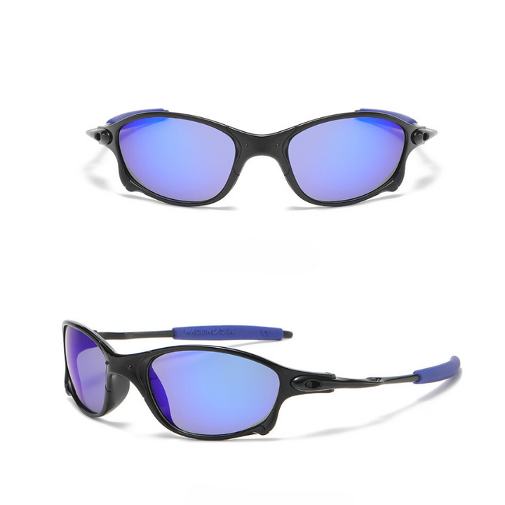 Two views of black rectangular frame cycling sunglasses with blue mirrored lenses and blue ear grips, shown from the front (top) and the side (bottom) against a white background. These sunglasses feature UV400 protection.