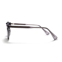 Side view of a pair of fashionable eyewear in translucent gray with thick, straight arms and rounded rectangular frames, placed on a white surface.
