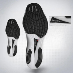 Bottom view of two athletic shoe soles with black and white tread patterns; a close-up highlights the RAVR ROAD branding and reveals super foam rebound for enhanced comfort.