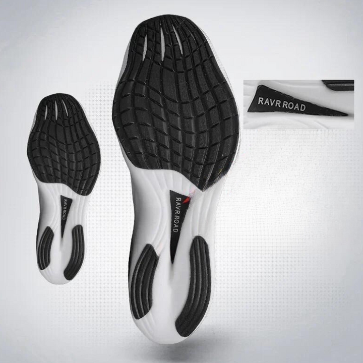 Bottom view of two athletic shoe soles with black and white tread patterns; a close-up highlights the RAVR ROAD branding and reveals super foam rebound for enhanced comfort.