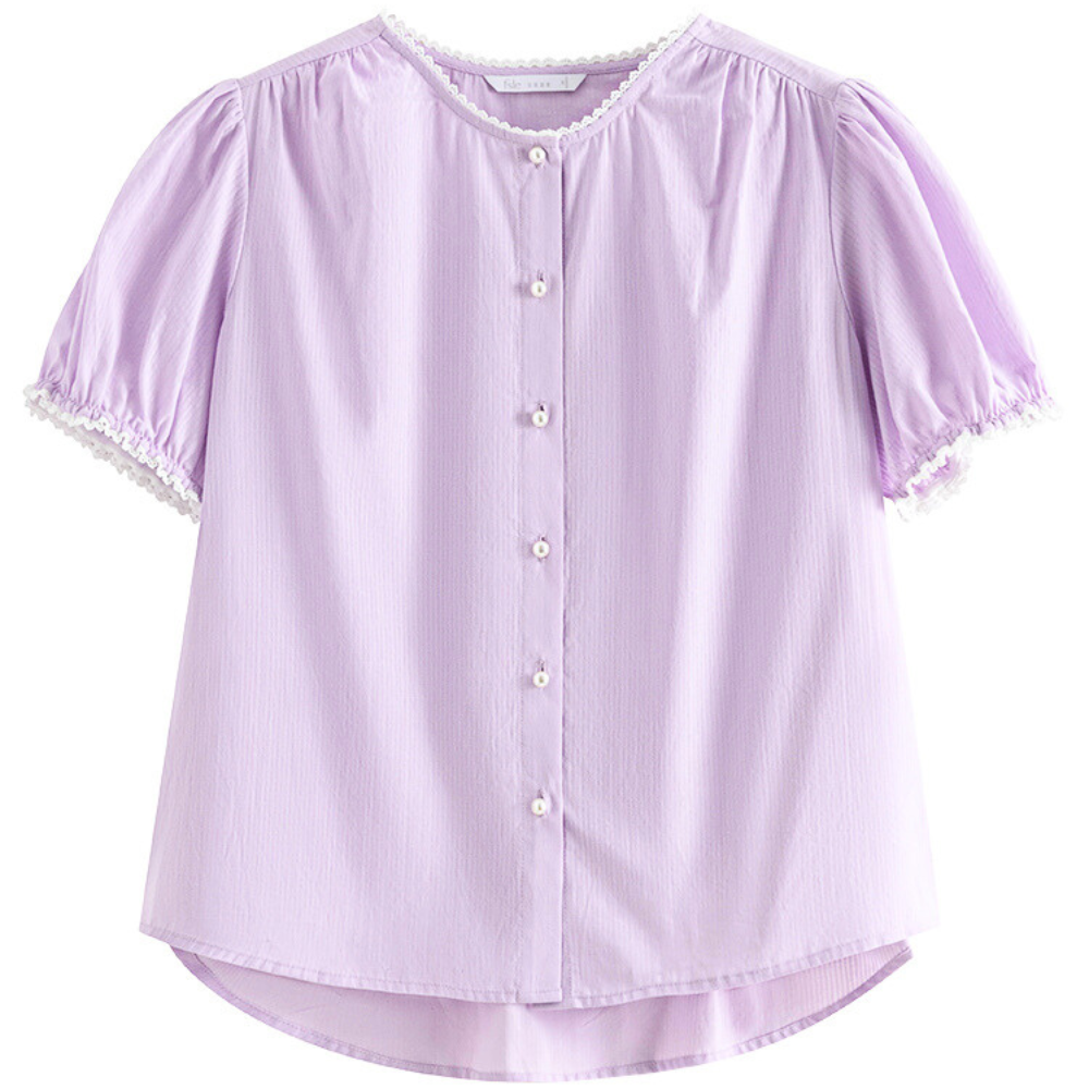 A light purple button-up blouse with short puffed sleeves, a round neckline, white buttons down the front, and delicate white lace trim on the sleeves and collar.