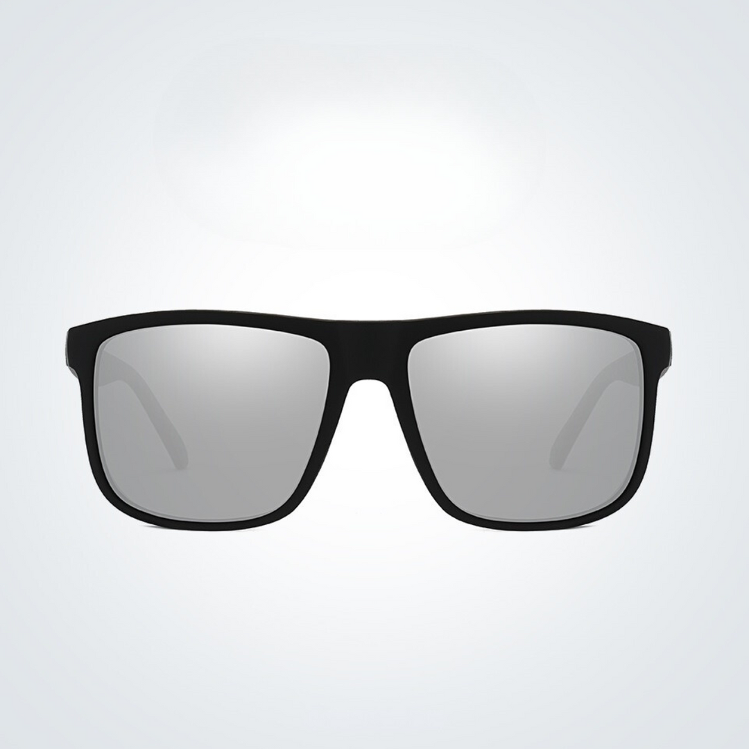 A pair of black stylish sunglasses with rectangular frames and reflective lenses, offering UV400 protection, displayed against a plain light gray background.