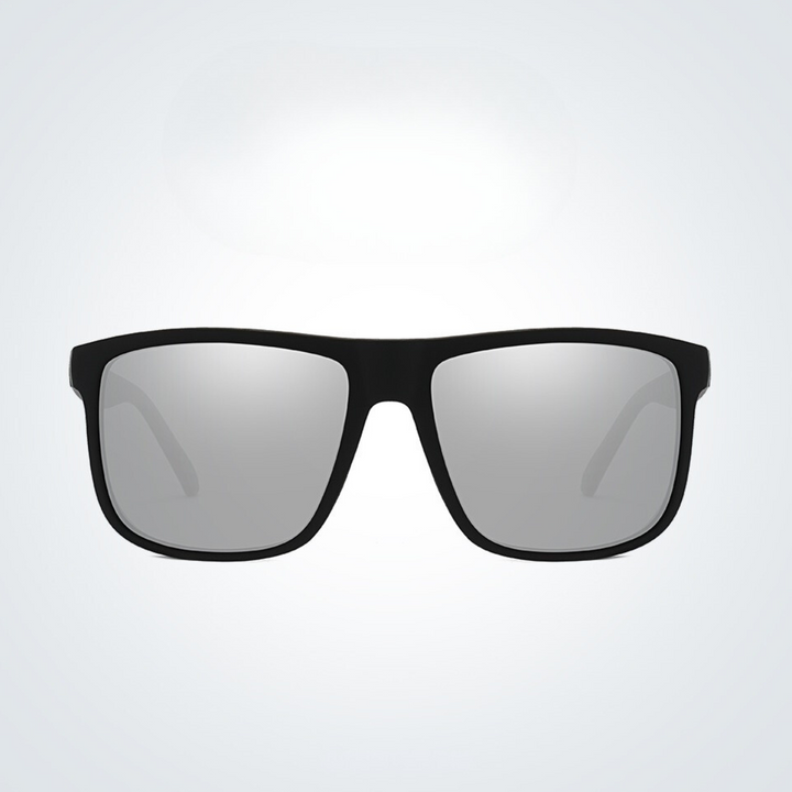 A pair of black stylish sunglasses with rectangular frames and reflective lenses, offering UV400 protection, displayed against a plain light gray background.