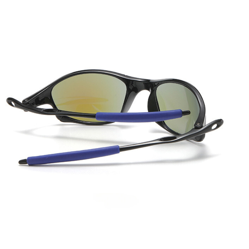 A pair of black wraparound cycling sunglasses with a rectangular frame, yellow-tinted lenses, and blue, flexible, rubberized arms—positioned with one arm crossed over the other on a white background.