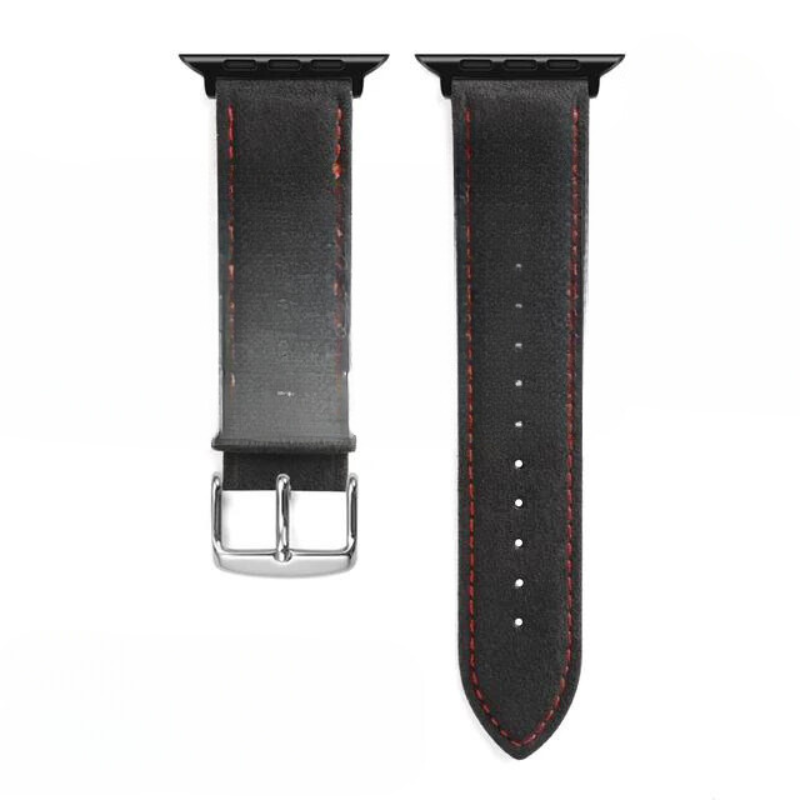 Two black leather watch straps with red stitching, one featuring a stainless steel buckle and the other showing multiple adjustment holes, both with connectors for a precision fit to your smartwatch.