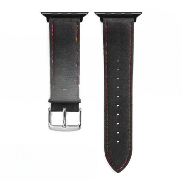 Two black leather watch straps with red stitching, one featuring a stainless steel buckle and the other showing multiple adjustment holes, both with connectors for a precision fit to your smartwatch.
