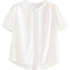 A white lace trim blouse featuring short puffed sleeves, a round neckline, small white buttons down the front, and delicate lace on the cuffs and collar—perfect as a versatile blouse for any occasion.