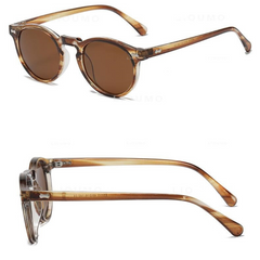 Round frame sunglasses with transparent brown acetate frames and brown-tinted lenses, shown from front and side angles on a white background. These trendsetting sunglasses offer both style and comfort.